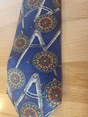 Vintage Lands End Nautical Compass Sextant Silk Tie Navy USA Maritime Novelty